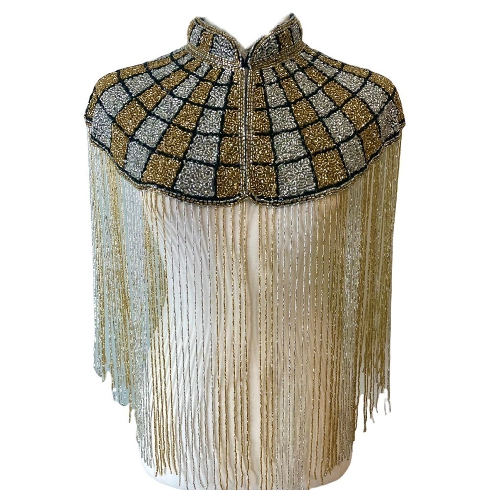 Silver and Gold Geometric Hand Beaded Fringe Cape